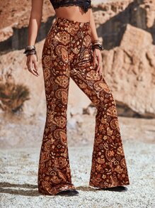 SHEIN ICON 佩斯利印花喇叭褲不附腰帶 - 彩色 - 查看 3