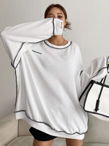 DAZY Letter Embroidery Top-Stitching Drop Shoulder Oversized Sweatshirt,Fall Clothes - White - View 5