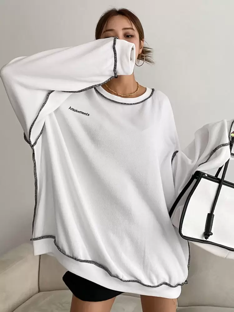 DAZY Sudadera oversize con bordado de letras y costura de caída de hombros, ropa de otoño - Blanco - Añade 5