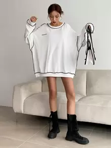 DAZY Letter Embroidery Top-Stitching Drop Shoulder Oversized Sweatshirt,Fall Clothes - White - View 6
