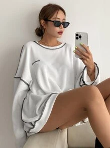 DAZY Letter Embroidery Top-Stitching Drop Shoulder Oversized Sweatshirt,Fall Clothes - White - View 7
