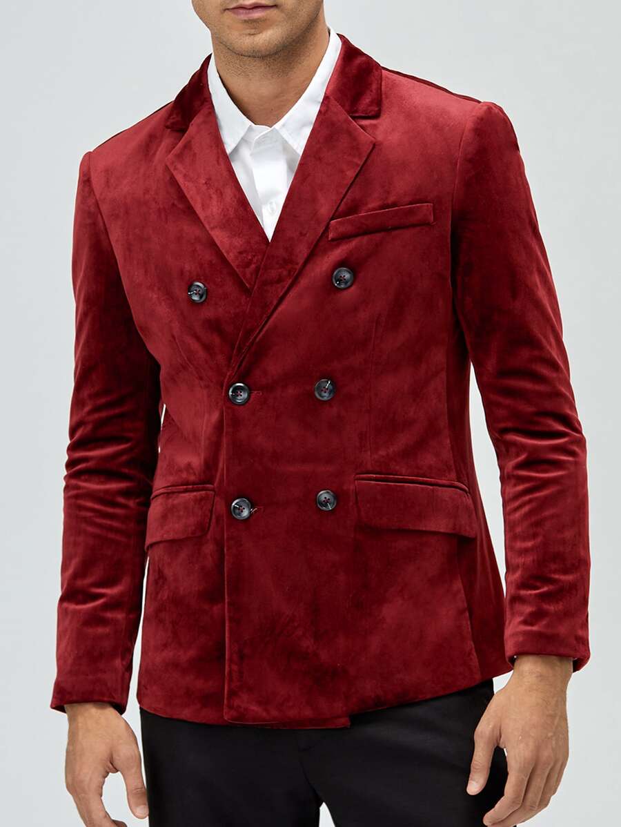 Manfinity Men Double Breasted Flap Pocket Velvet Blazer - Burgundy - View 1