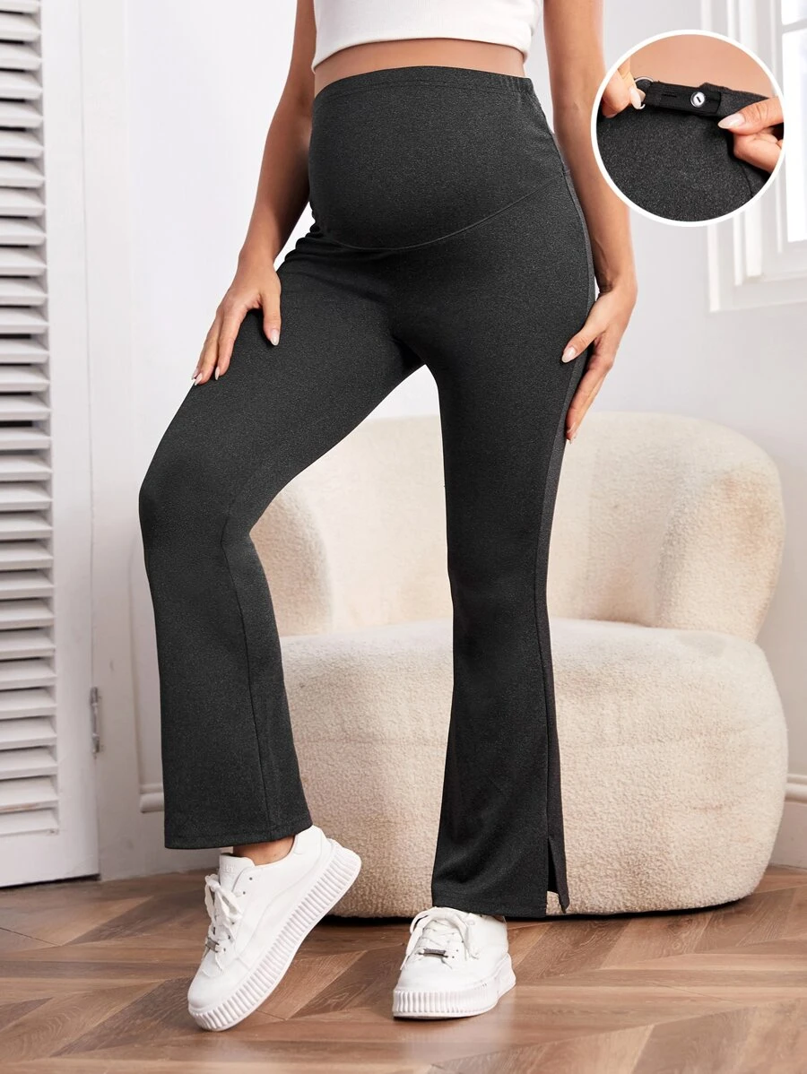 SHEIN Maternity High Waist Split Hem Flare Leg Trousers - Black - View 1