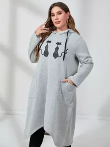 Mulvari Đầm nỉ cỡ lớn in hình mèo, hai túi, có dây rút - Màu Xám nhạt - Xem 1