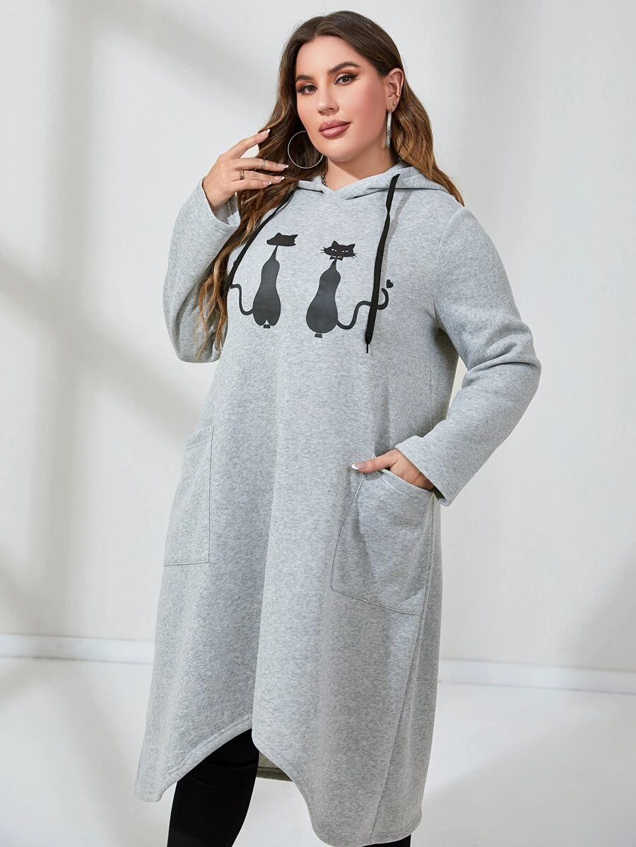 Mulvari Đầm nỉ cỡ lớn in hình mèo, hai túi, có dây rút - Màu Xám nhạt - Xem 1