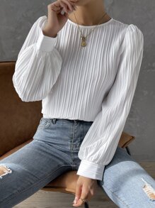 SHEIN Privé Lantern Sleeve Solid Blouse - White - View 4