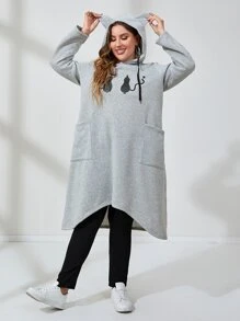 Mulvari Đầm nỉ cỡ lớn in hình mèo, hai túi, có dây rút - Màu Xám nhạt - Xem 4