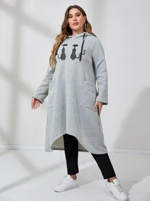 Mulvari Đầm nỉ cỡ lớn in hình mèo, hai túi, có dây rút - Màu Xám nhạt - Xem 5