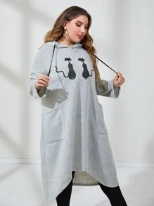 Mulvari Đầm nỉ cỡ lớn in hình mèo, hai túi, có dây rút - Màu Xám nhạt - Xem 6