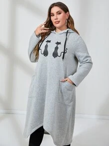 Mulvari Đầm nỉ cỡ lớn in hình mèo, hai túi, có dây rút - Màu Xám nhạt - Xem 7