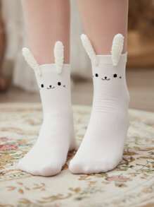 ROMWE Kawaii Cartoon Graphic Rabbit Ear Decor Crew Socks - White - View 1