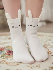 ROMWE Kawaii Cartoon Graphic Rabbit Ear Decor Crew Socks - White - View 2