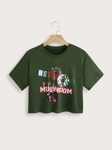 ROMWE Mushroom Letter Graphic Crop Tee - Green - View 1
