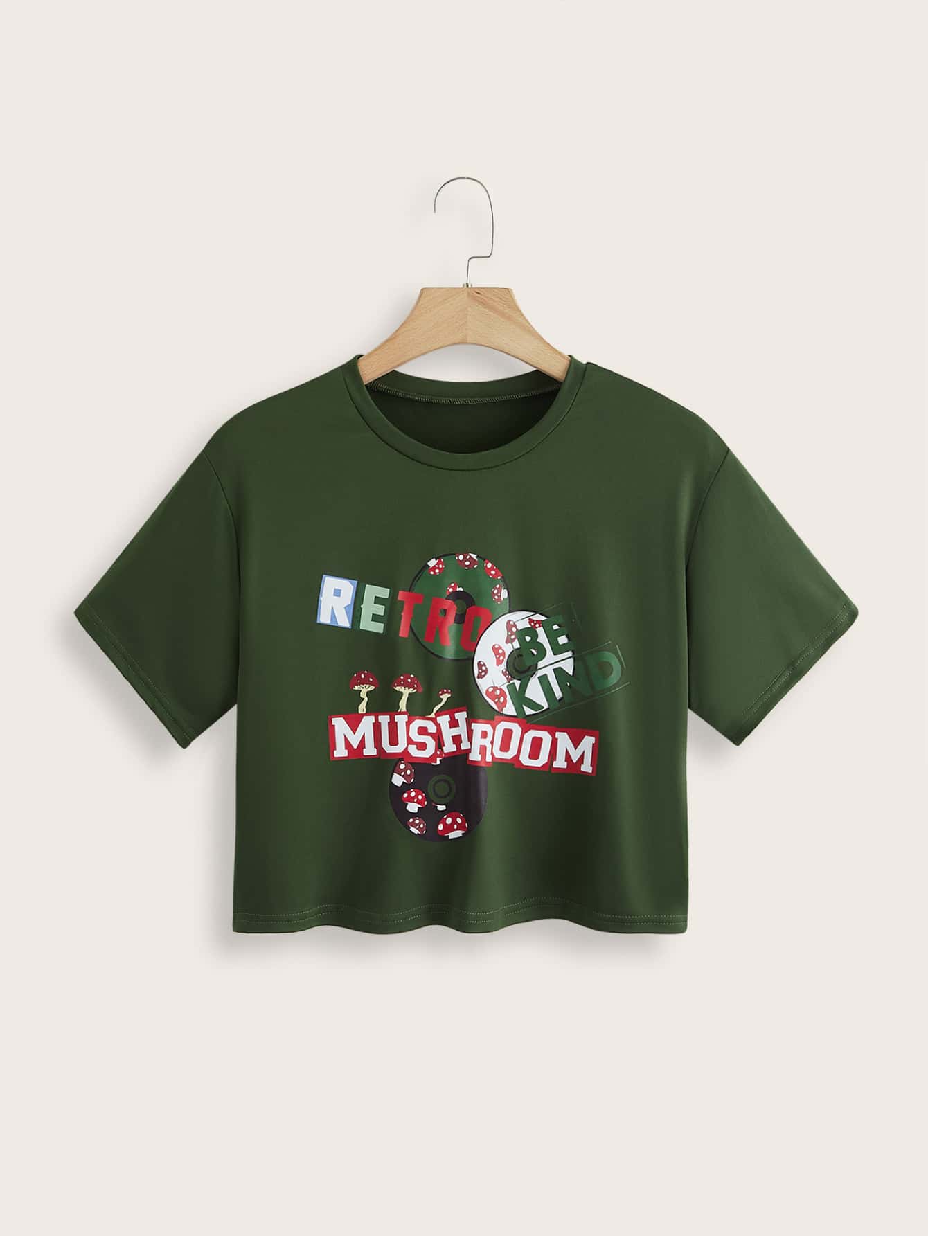 ROMWE Mushroom Letter Graphic Crop Tee - Green - View 1