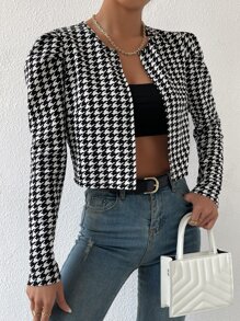 SHEIN Privé Houndstooth Print Puff Sleeve Open Front Jacket - Black and White - View 1