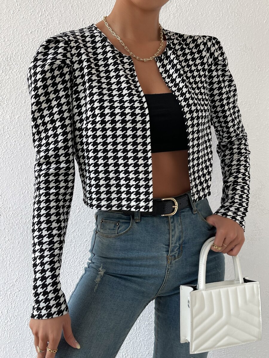 SHEIN Privé Houndstooth Print Puff Sleeve Open Front Jacket - Black and White - View 1