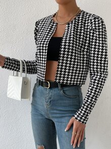 SHEIN Privé Houndstooth Print Puff Sleeve Open Front Jacket - Black and White - View 2