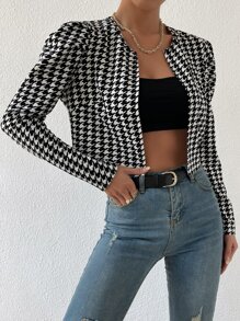 SHEIN Privé Houndstooth Print Puff Sleeve Open Front Jacket - Black and White - View 3