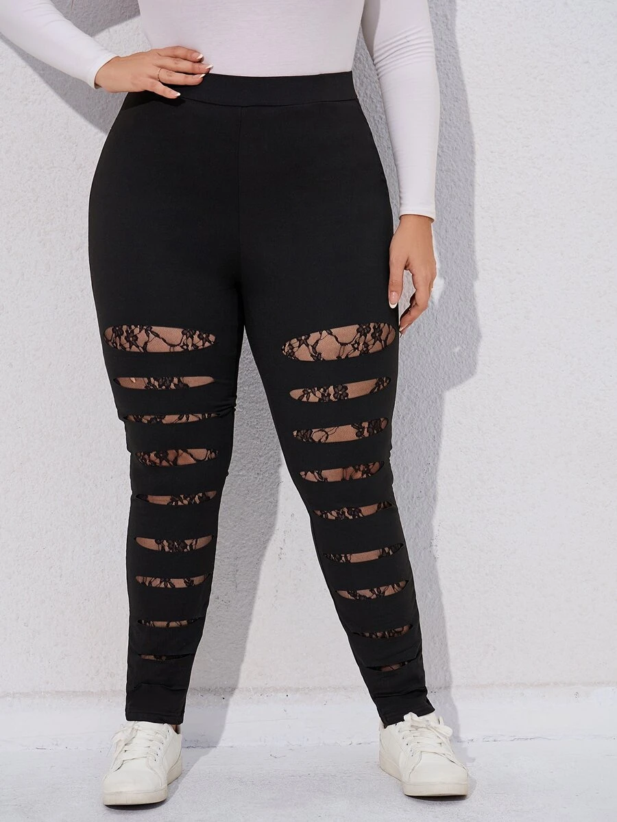 SHEIN LUNE Plus Ladder Cut Lace Insert Leggings - Black - View 1