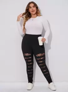SHEIN LUNE Plus Ladder Cut Lace Insert Leggings - Black - View 3