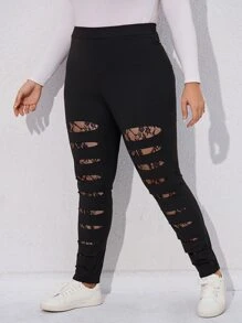 SHEIN LUNE Plus Ladder Cut Lace Insert Leggings - Black - View 4