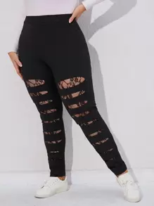 SHEIN LUNE Plus Ladder Cut Lace Insert Leggings - Black - View 5