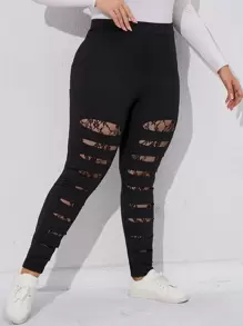 SHEIN LUNE Plus Ladder Cut Lace Insert Leggings - Black - View 6