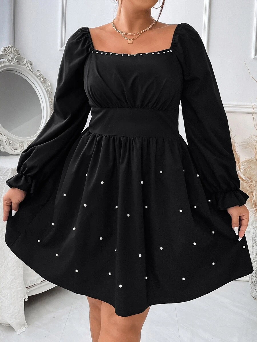 Celure 大碼荷葉袖珍珠串珠洋裝 - 黑色 - 查看 1