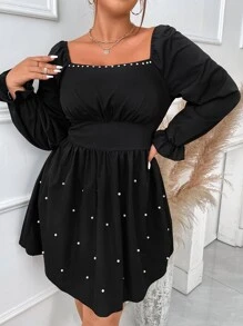 Celure 大碼荷葉袖珍珠串珠洋裝 - 黑色 - 查看 3