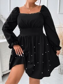 Celure 大碼荷葉袖珍珠串珠洋裝 - 黑色 - 查看 7