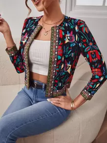 SHEIN Clasi 秋冬花卉印花撞色几何刺绣带夹克