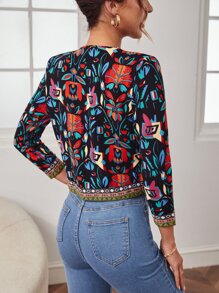 SHEIN Clasi 秋冬花卉印花撞色几何刺绣带夹克