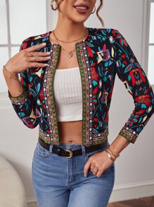 SHEIN Clasi 秋冬花卉印花撞色几何刺绣带夹克