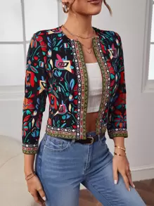 SHEIN Clasi 秋冬花卉印花撞色几何刺绣带夹克