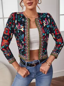 SHEIN Clasi 秋冬花卉印花撞色几何刺绣带夹克