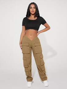 SHEIN PETITE V型鏤空腰翻蓋口袋工裝牛仔褲 - 卡其色 - 查看 1