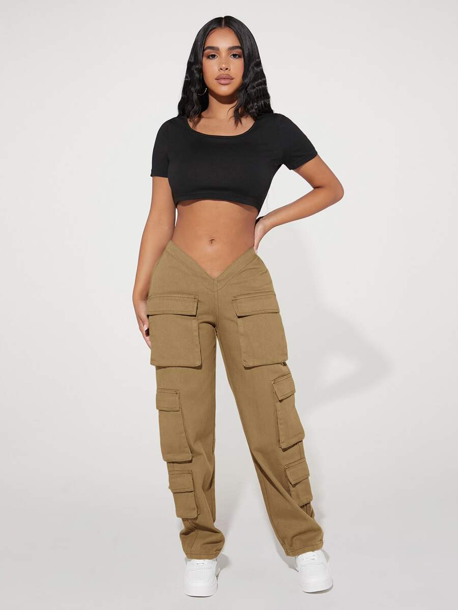 SHEIN PETITE V型鏤空腰翻蓋口袋工裝牛仔褲 - 卡其色 - 查看 1