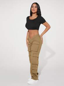 SHEIN PETITE V型鏤空腰翻蓋口袋工裝牛仔褲 - 卡其色 - 查看 4