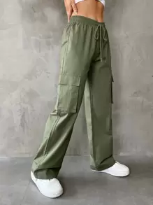 Muchica 翻蓋口袋腰部抽繩工裝褲 - 軍綠色 - 查看 1