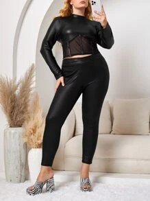 SHEIN Privé Plus Mesh Insert Mock Neck PU Leather Top - Black - View 3