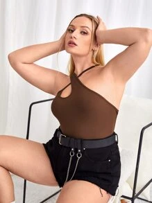 SHEIN X Jenicka 大碼不對稱領條紋針織上衣 - 咖啡棕 - 查看 3