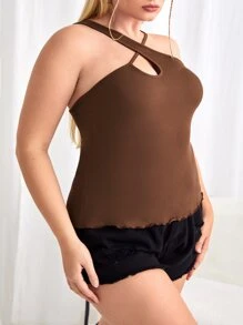 SHEIN X Jenicka 大碼不對稱領條紋針織上衣 - 咖啡棕 - 查看 6