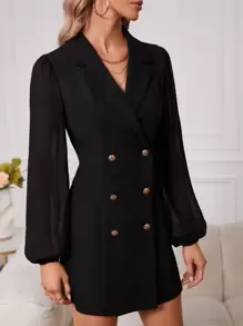 SHEIN Privé Double Breasted Contrast Mesh Bishop Sleeve Blazer Dress - Black - View 3