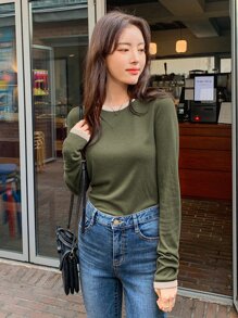 DAZY 圓領對比邊綁定t恤 - 軍綠色 - 查看 3