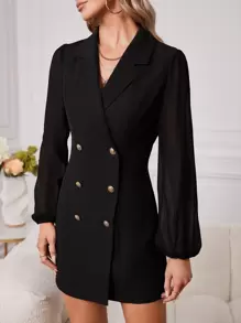 SHEIN Privé Double Breasted Contrast Mesh Bishop Sleeve Blazer Dress - Black - View 4