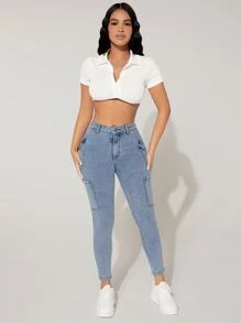 SHEIN PETITE Jeans ajustados con bolsillo lateral con solapa - Lavado ligero - Ver 3