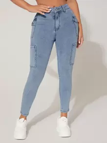 SHEIN PETITE Jeans ajustados con bolsillo lateral con solapa - Lavado ligero - Ver 4