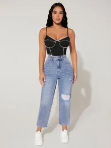 SHEIN PETITE 破洞媽媽牛仔褲 - 中等水洗藍 - 查看 4