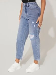 SHEIN PETITE 破洞媽媽牛仔褲 - 中等水洗藍 - 查看 1