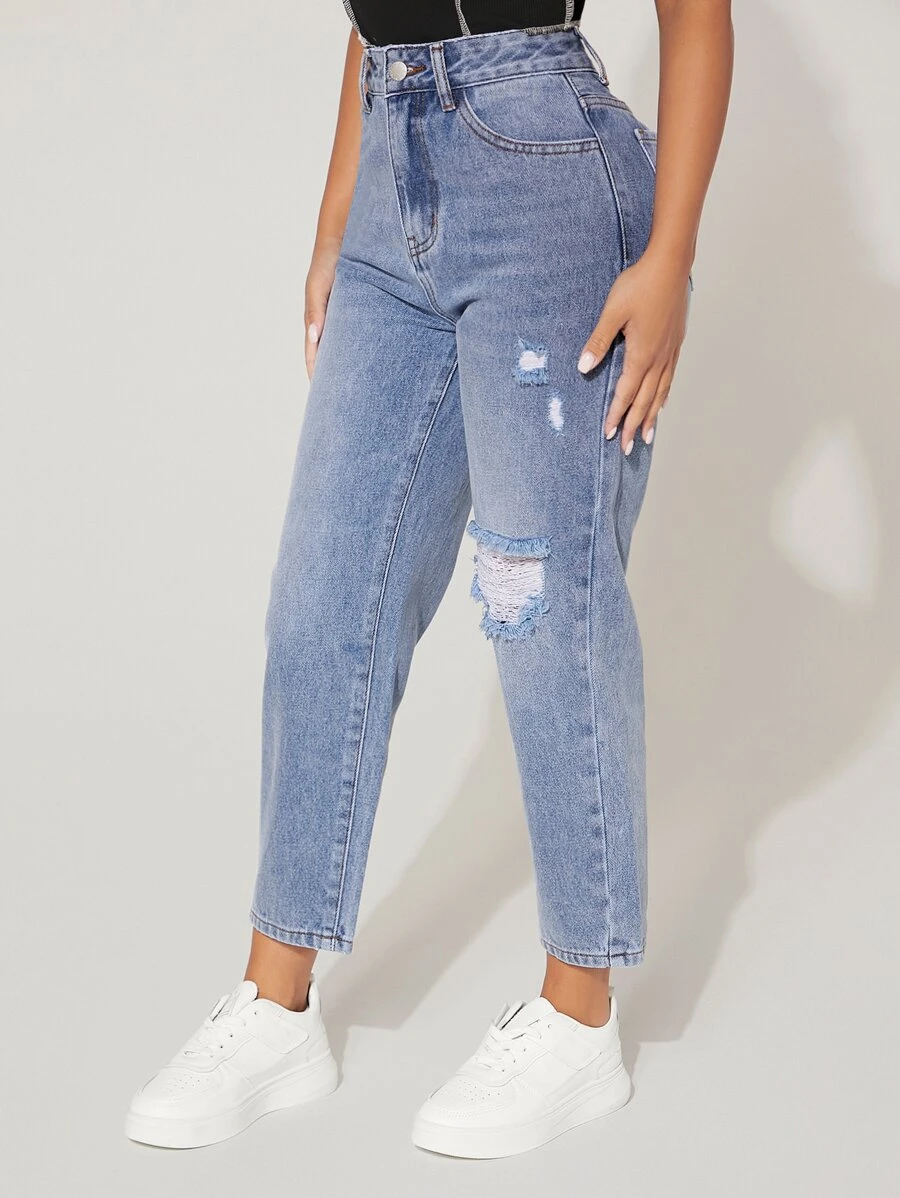 SHEIN PETITE 破洞媽媽牛仔褲 - 中等水洗藍 - 查看 1